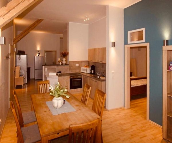 Geräumige, offene Wohnküche in einer Ferienwohnung mit einem großen Holztisch und Stühlen als zentralem Essbereich.