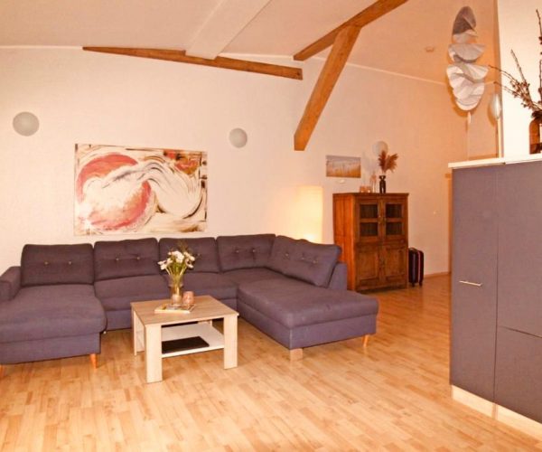 Geräumiges Wohnzimmer in einer Ferienwohnung mit einer großen, dunkelgrauen Couch und einem hellen Couchtisch auf einem hellen Holzboden.