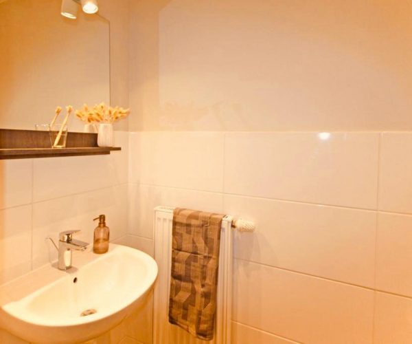 Kleines, helles Badezimmer in einer Ferienwohnung, ausgestattet mit einem modernen Waschbecken, einem Spiegel und einem Heizkörper mit Handtuch.